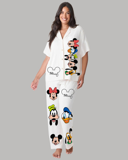 MOUSE FAMILY HALF SLEEVE OVERSIZED KNITTED SHIRT CORD SET - WHITE AND WHITE