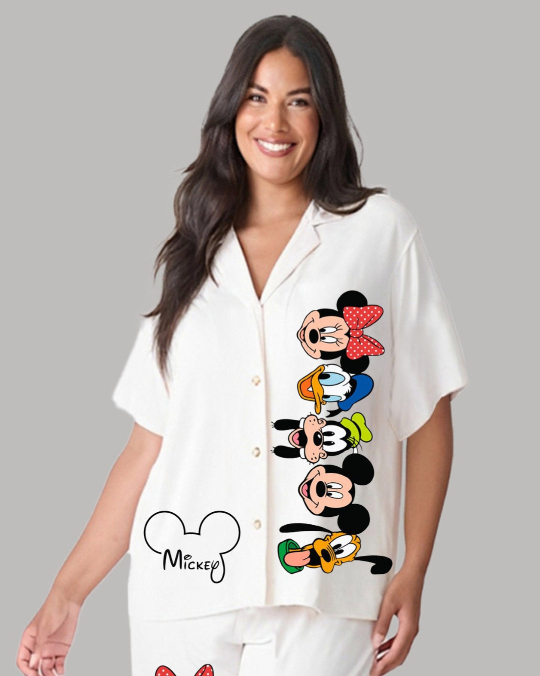 MOUSE FAMILY WOMEN HALF SLEEVE WHITE OVERSIZED KNITTED SHIRT