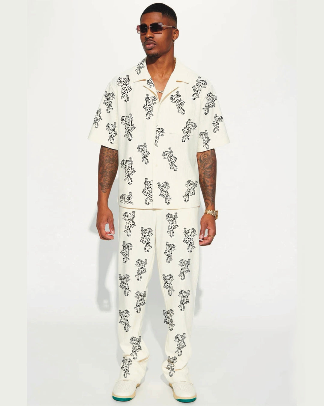 SNOW TIGER 2.0 HALF SLEEVE OVERSIZED KNITTED SHIRT CORD SET - WHITE AND WHITE