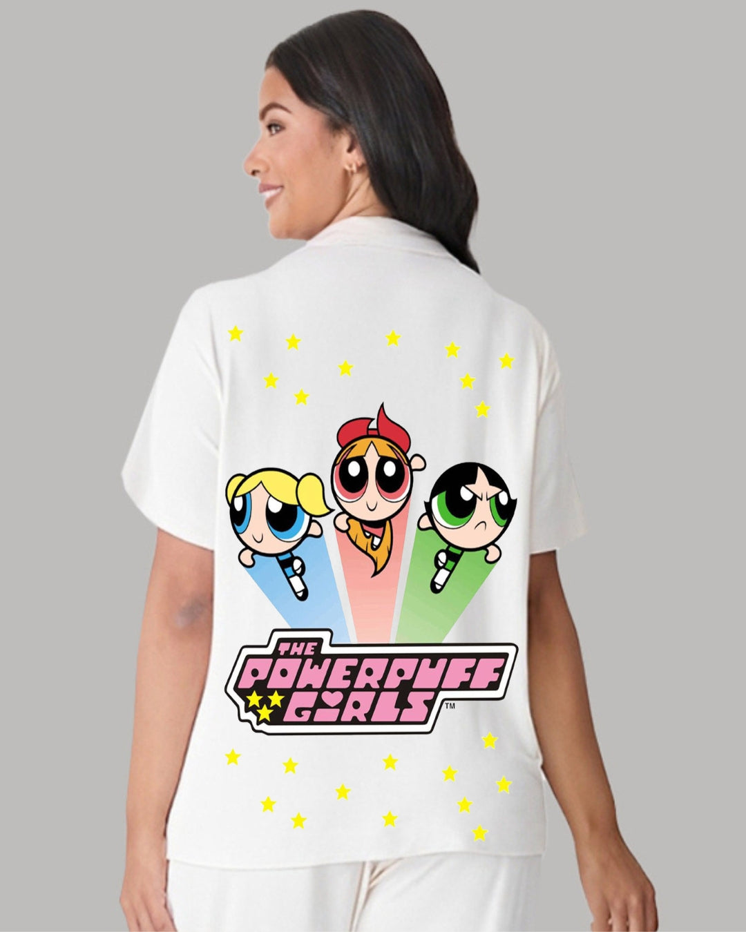 POWEPUFF WOMEN HALF SLEEVE WHITE OVERSIZED KNITTED SHIRT
