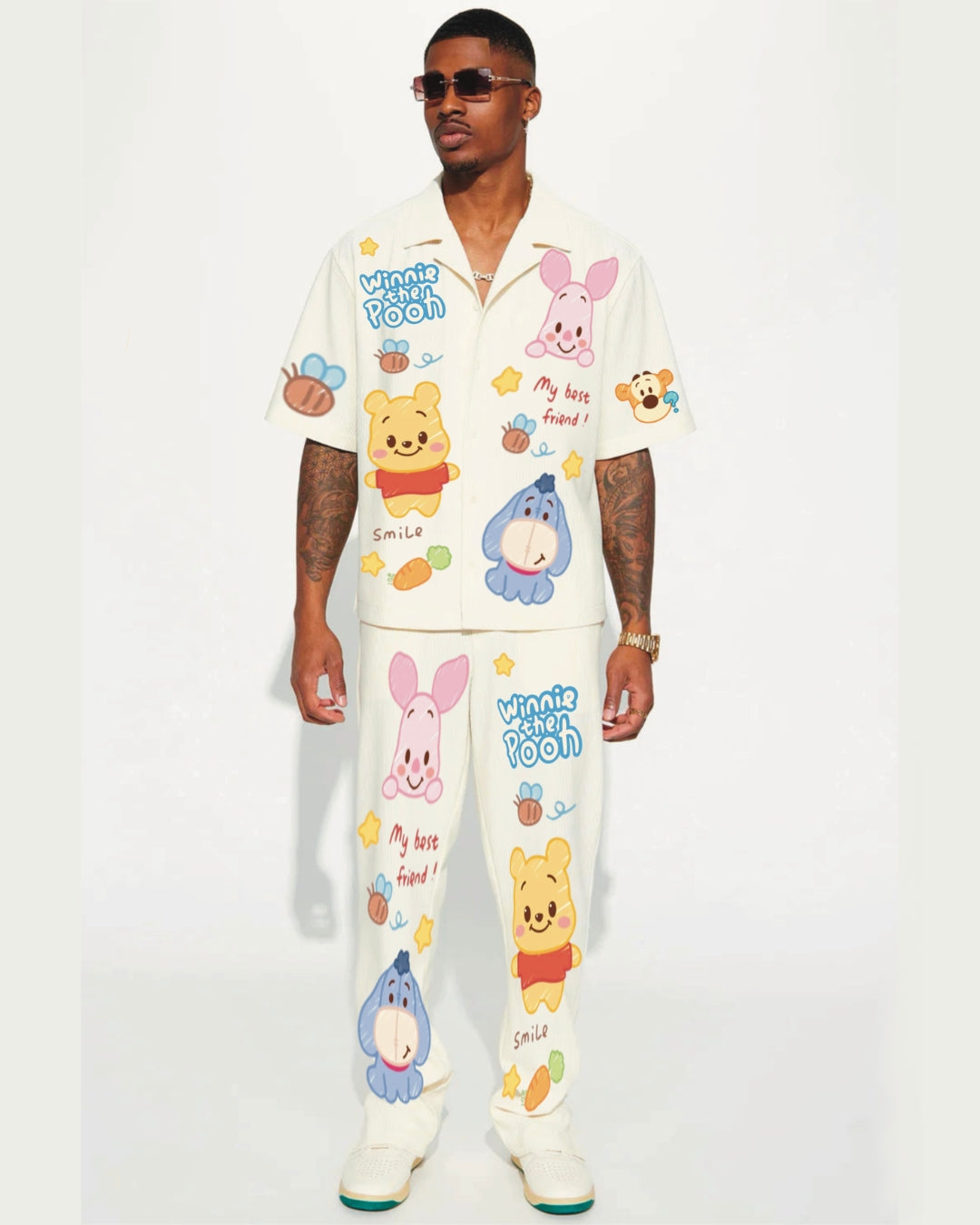 WINNIE THE POOH HALF SLEEVE OVERSIZED KNITTED SHIRT CORD SET - WHITE AND WHITE