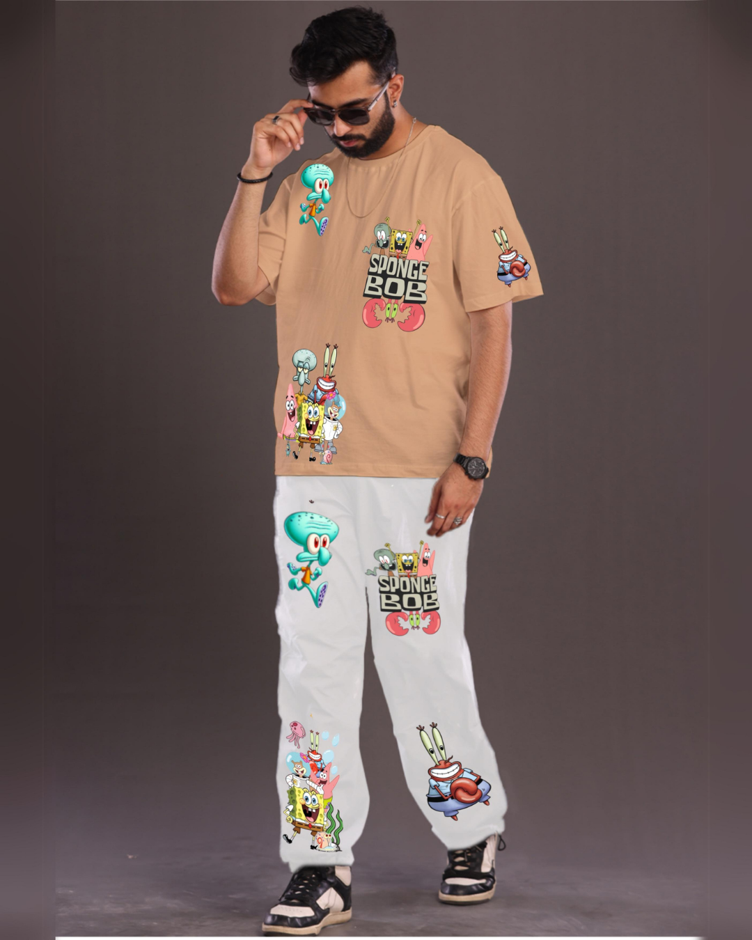 Men's SpongeBob Graphic Oversized Co-Ord Set - Beige and White