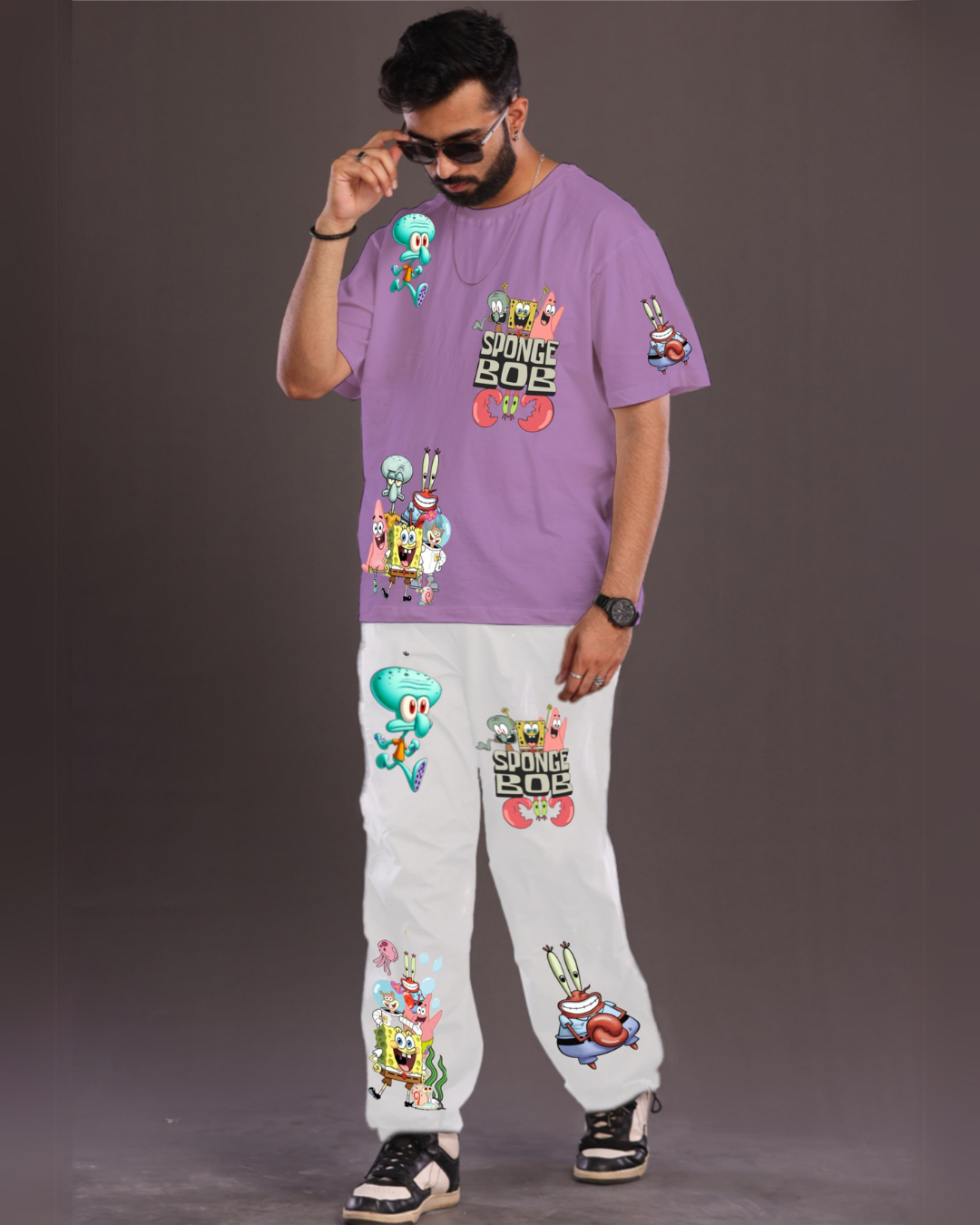 Men's SpongeBob Graphic Oversized Co-Ord Set - Purple and White