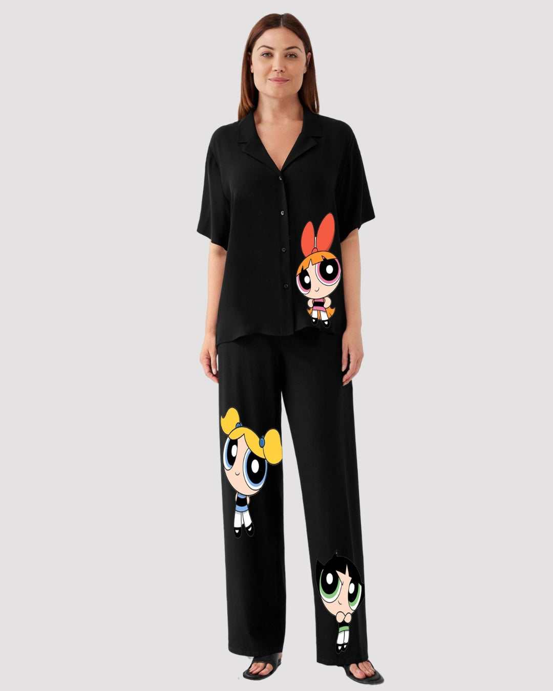 POWERPUFF WOMEN HALF SLEEVE OVERSIZED KNITTED SHIRT CORD SET - BLACK AND BLACK