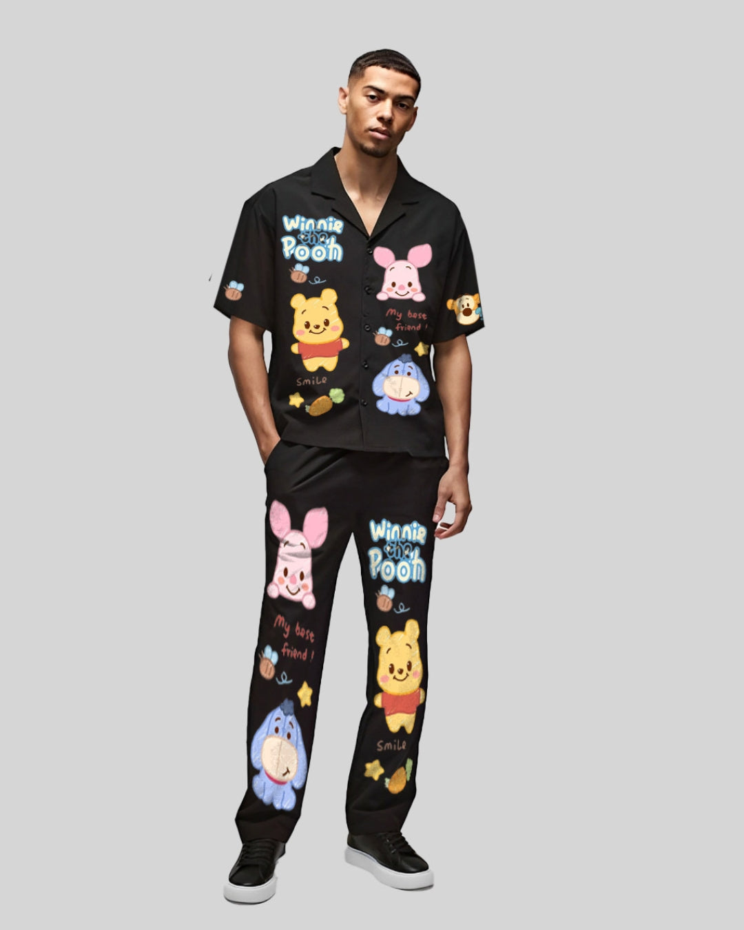 WINNIE THE POOH HALF SLEEVE OVERSIZED KNITTED SHIRT CORD SET - BLACK AND BLACK