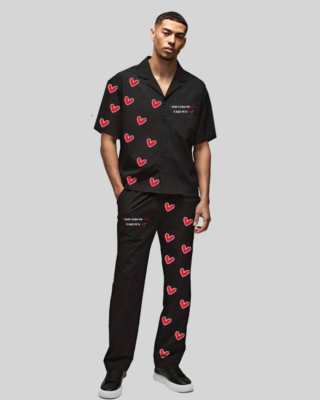 VALENTINE SPECIAL HALF SLEEVE OVERSIZED KNITTED SHIRT CORD SET - BLACK AND BLACK(*)