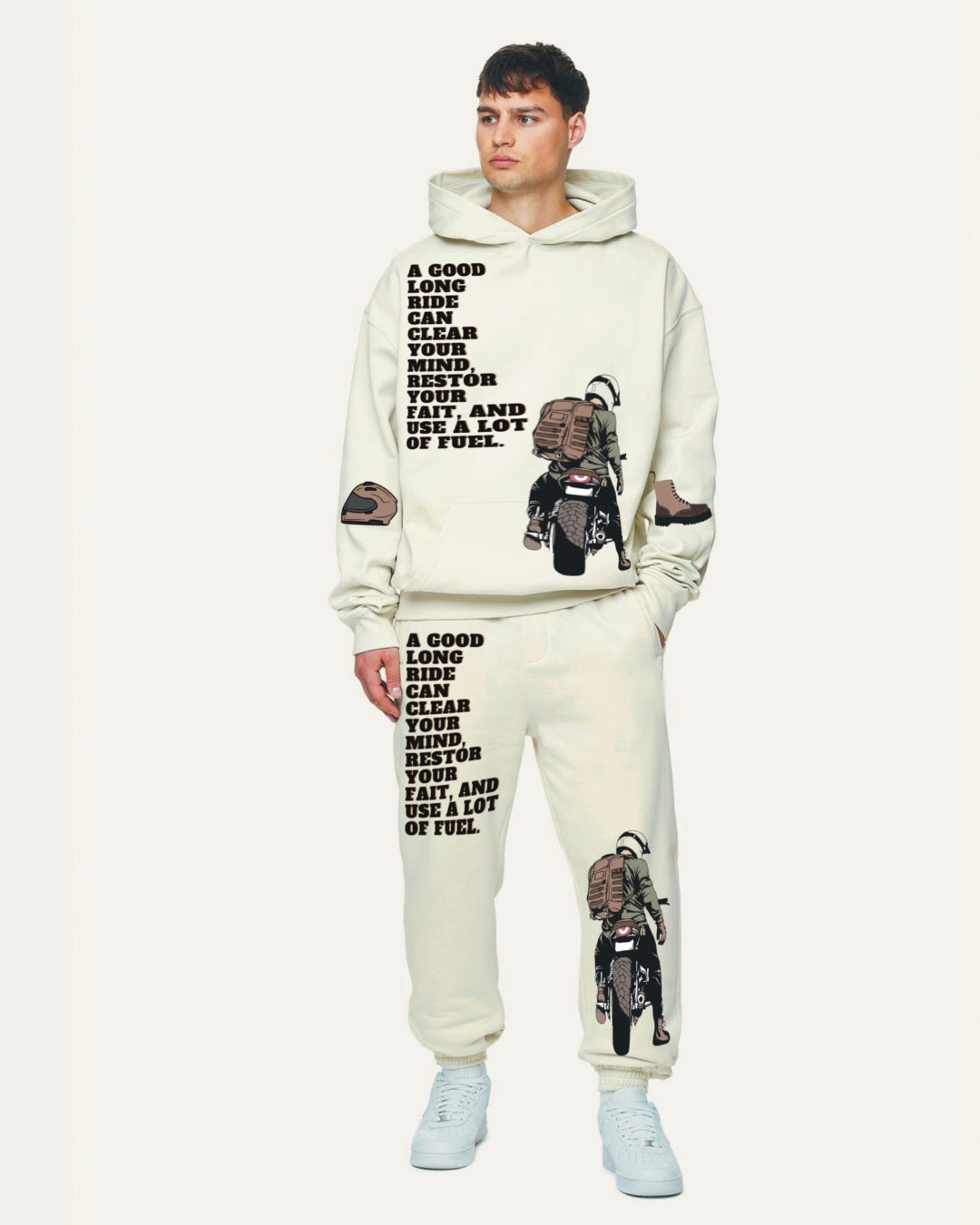 Men's Biker Oversized Hoodie Co-ord Set - White and White