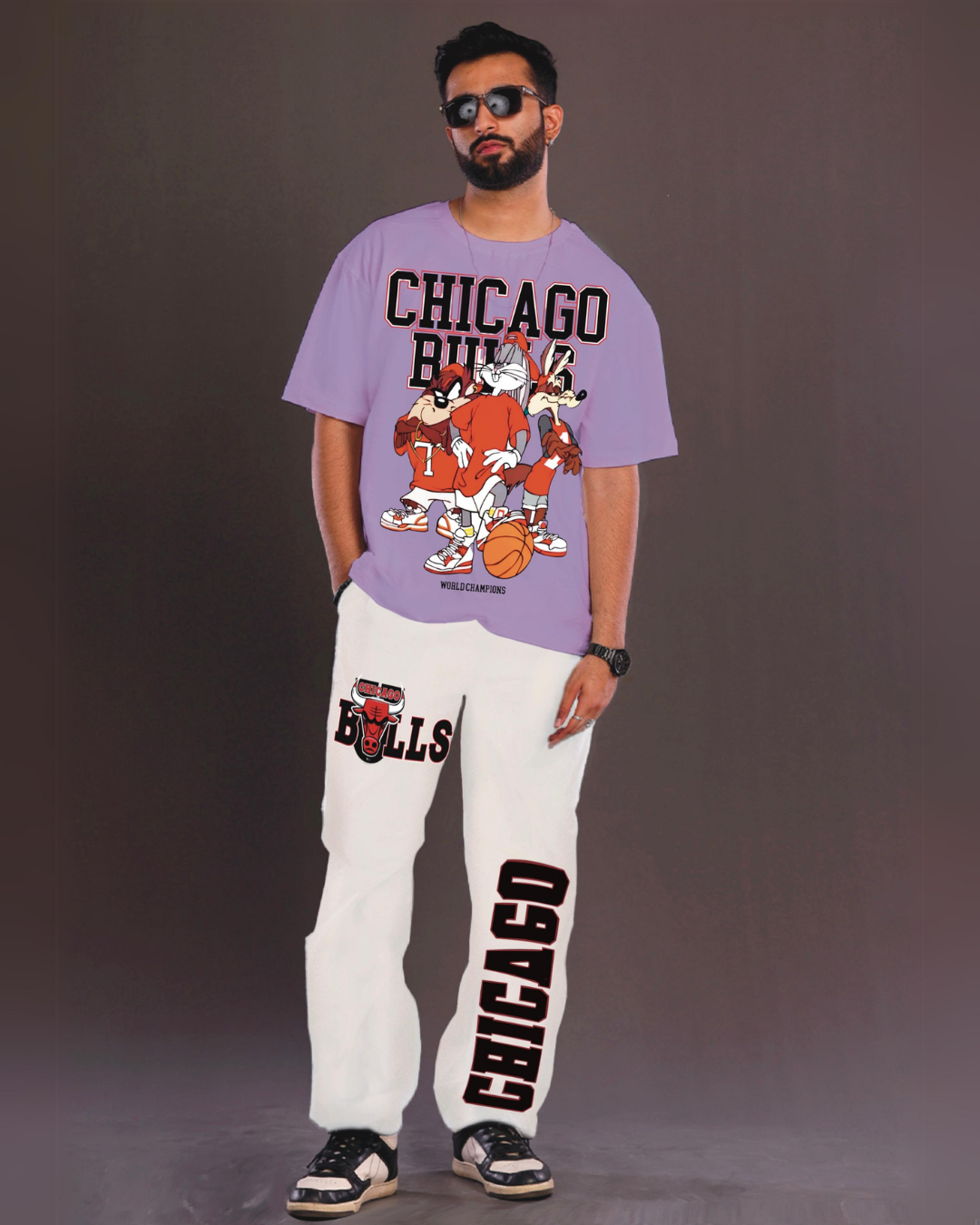 Men's Chicago Bulls Oversized Co-Ord Set - Purple and White