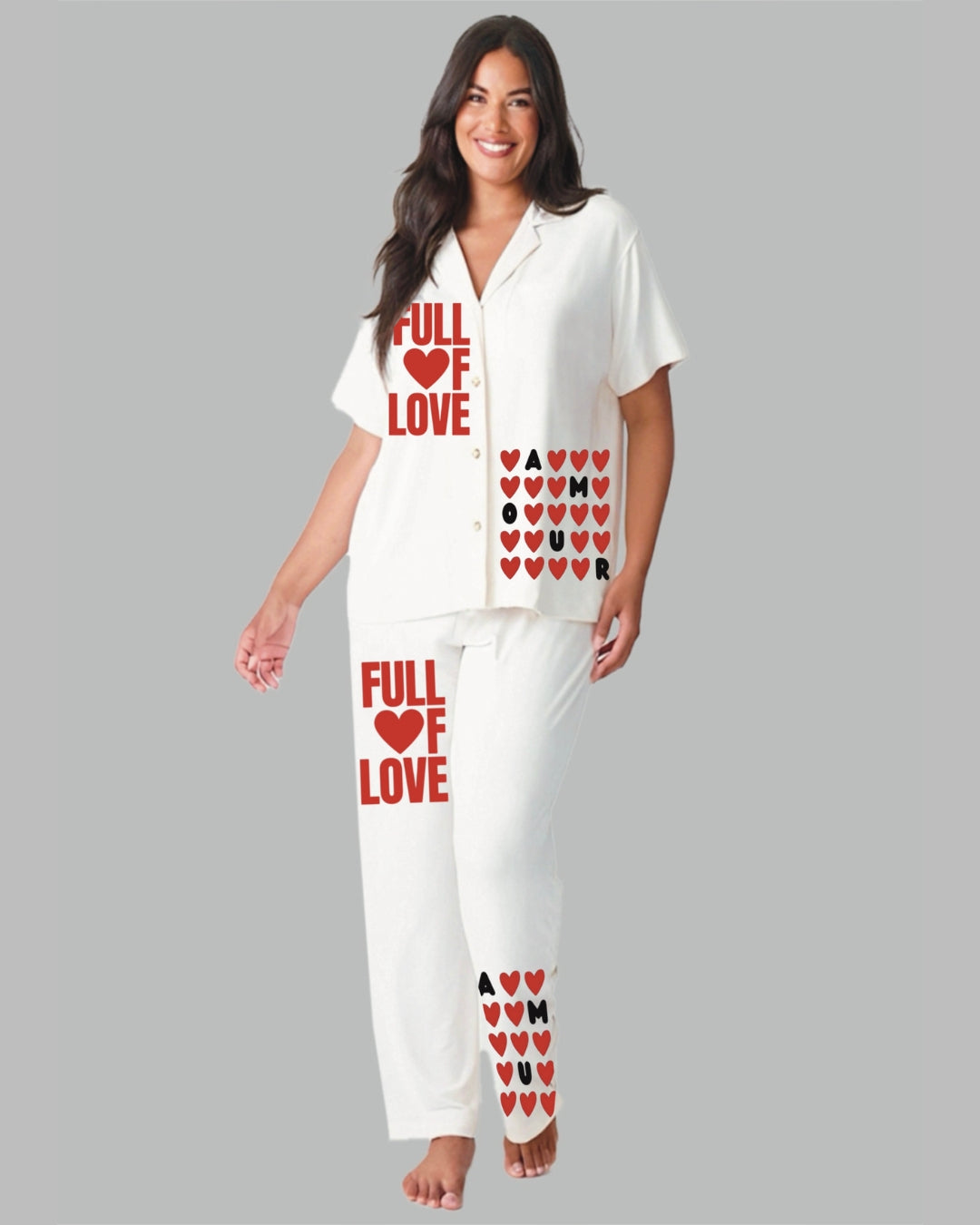 FULL OF LOVE WOMEN HALF SLEEVE OVERSIZED KNITTED SHIRT CORD SET - WHITE AND WHITE