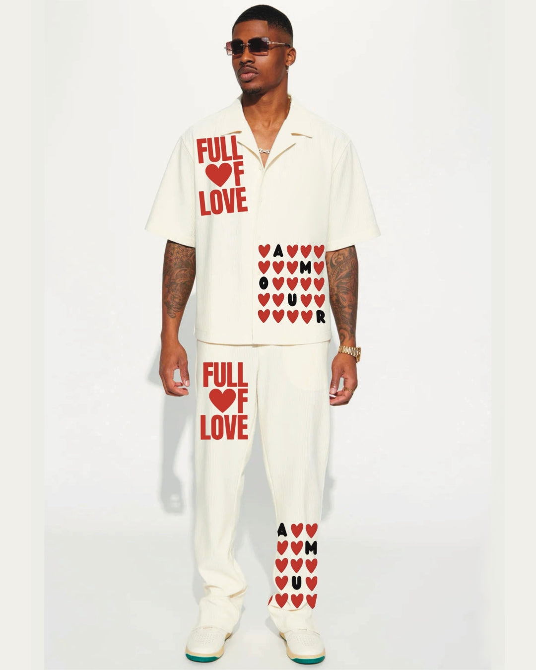 FULL OF LOVE HALF SLEEVE OVERSIZED KNITTED SHIRT CORD SET - WHITE AND WHITE