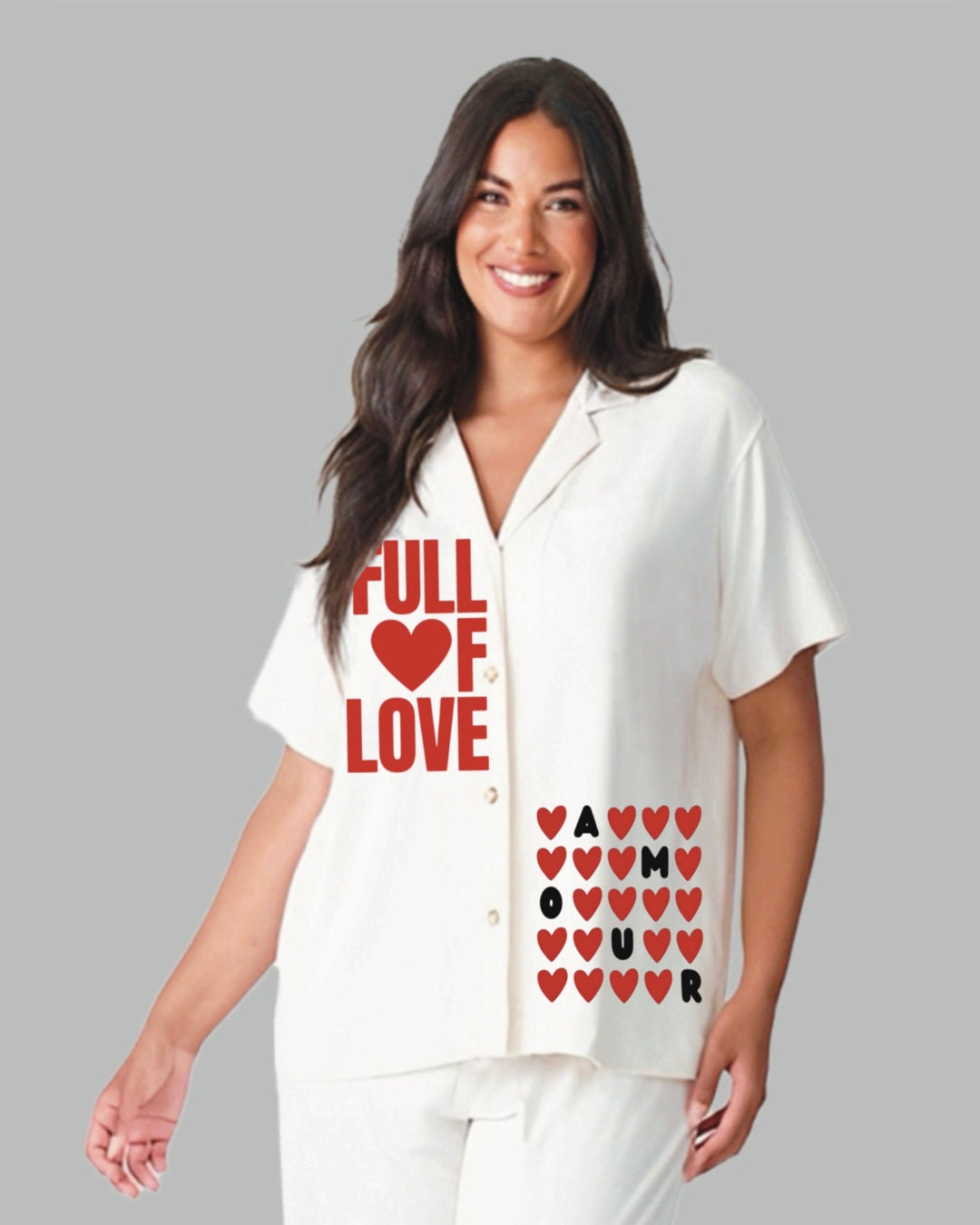 FULL OF LOVE WOMEN HALF SLEEVE WHITE OVERSIZED KNITTED SHIRT