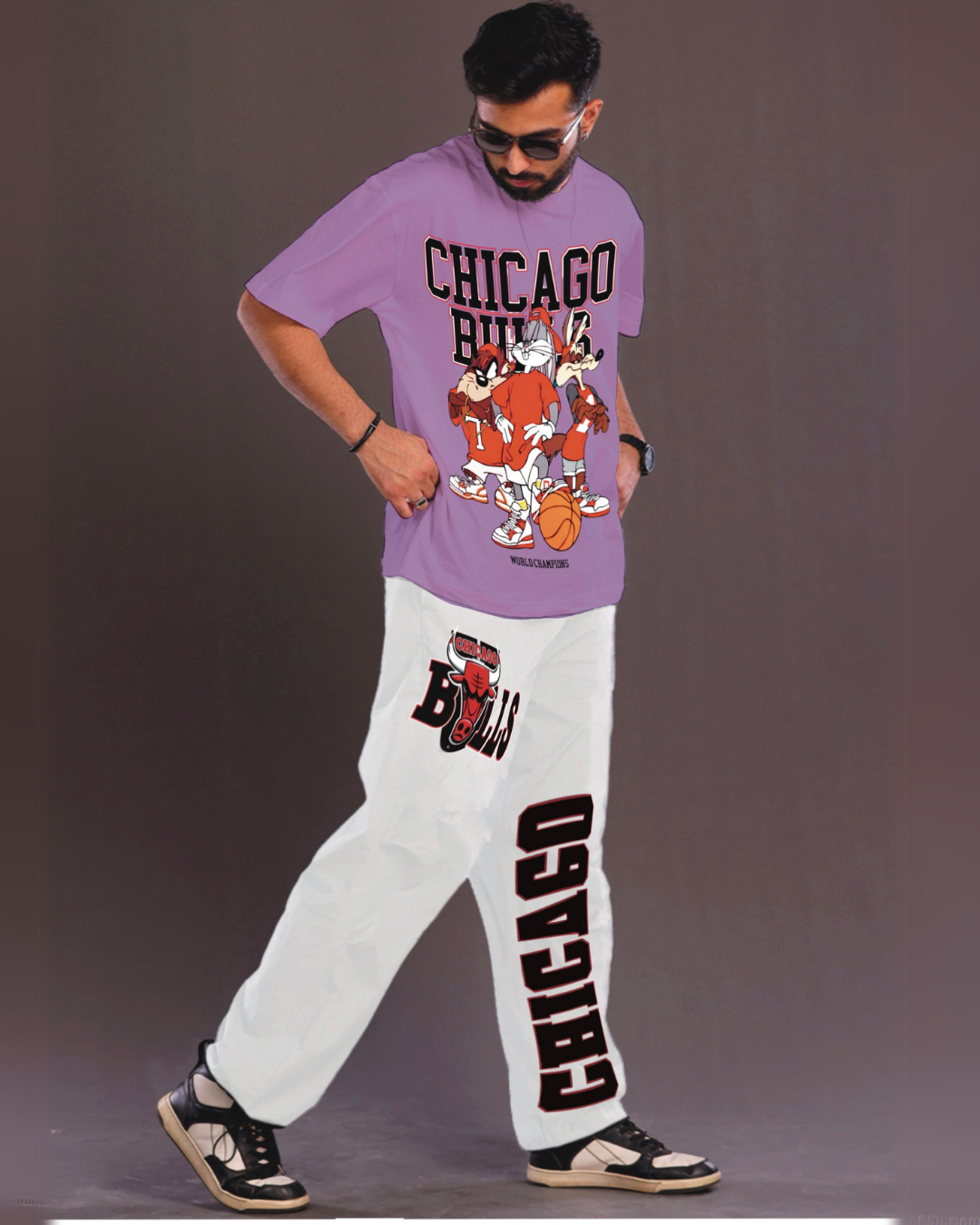 Men's Chicago Bulls Oversized Co-Ord Set - Purple and White