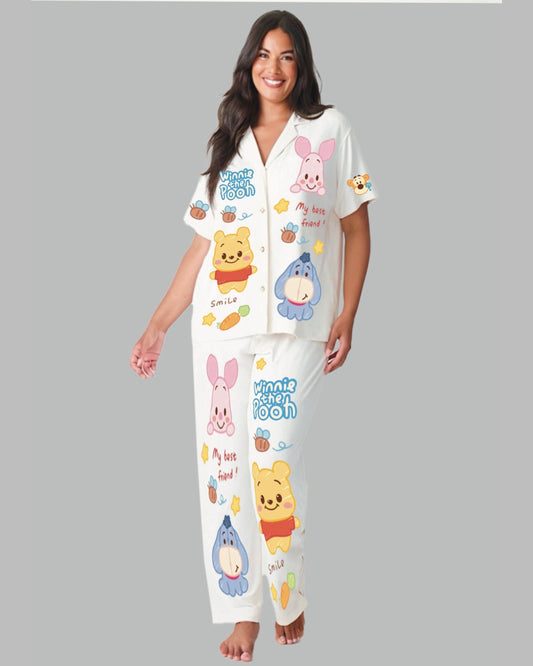 WINNIE THE POOH WOMEN HALF SLEEVE OVERSIZED KNITTED SHIRT CORD SET - WHITE AND WHITE