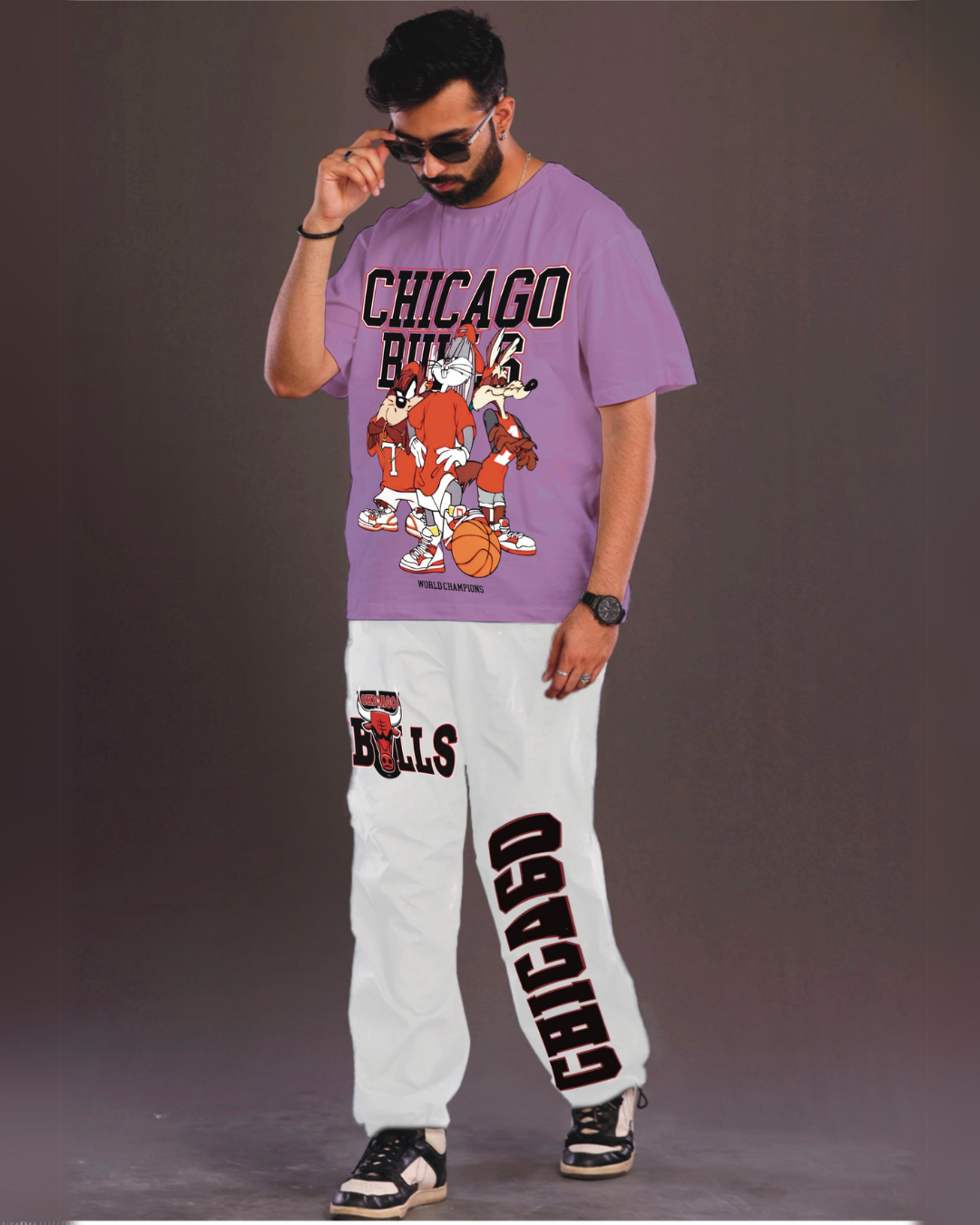 Men's Chicago Bulls Oversized Co-Ord Set - Purple and White