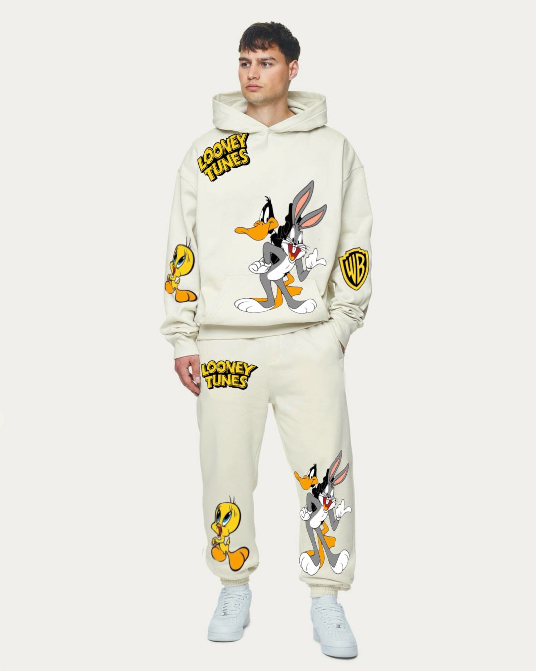 MEN'S LOONEY TUNES HOODIE OVERSIZED CO-ORD SET - WHITE AND WHITE