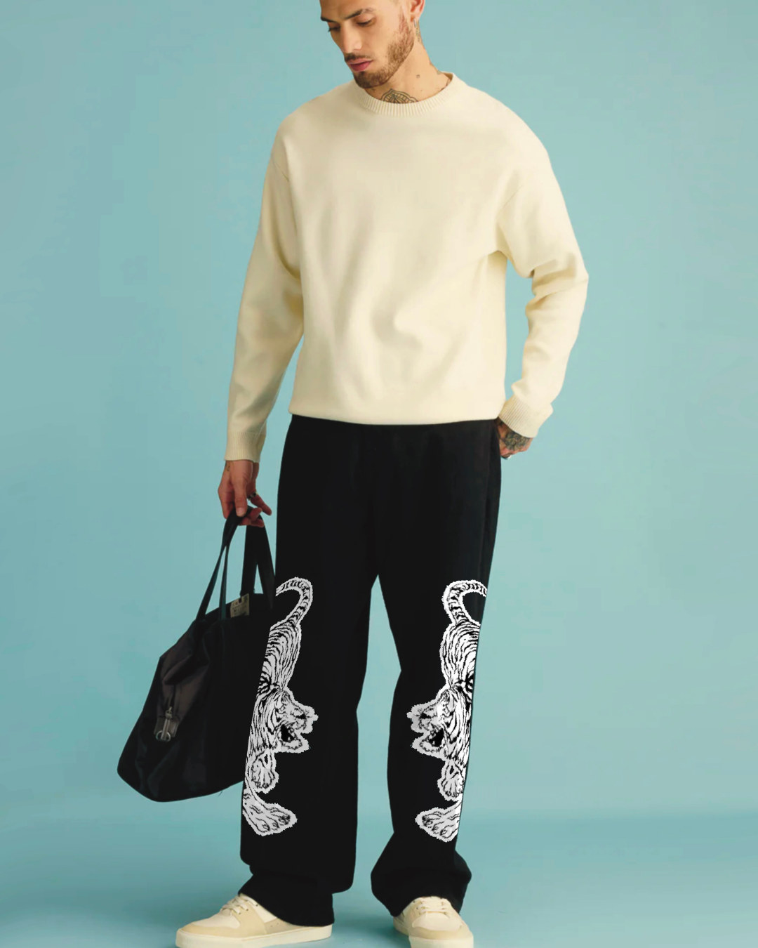 Men's Black Cotton Pants - Snow Tiger(*)