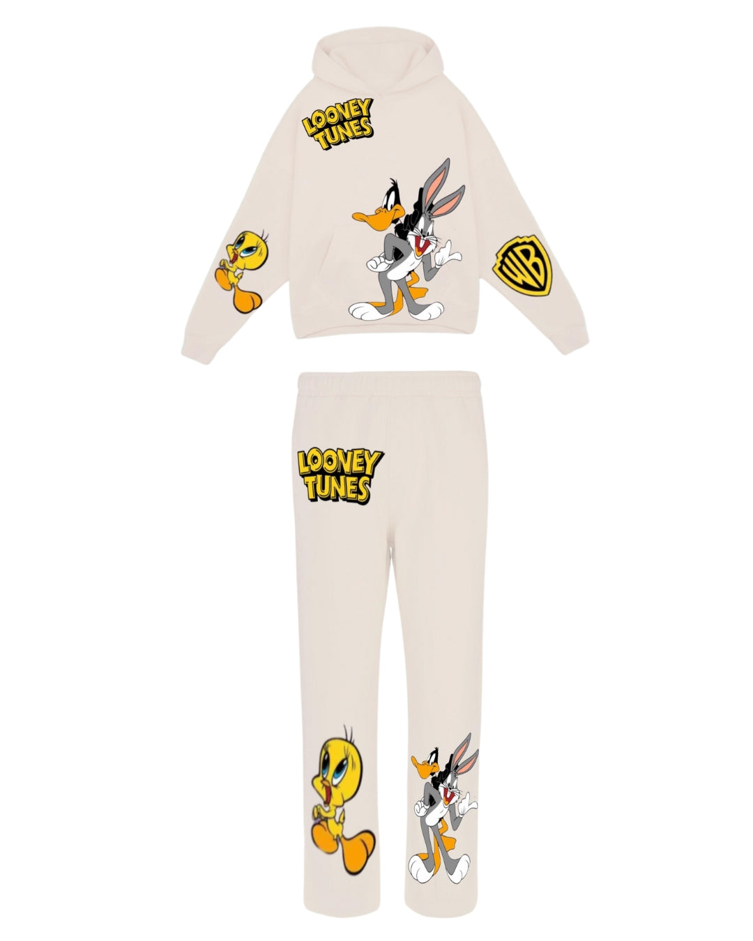 MEN'S LOONEY TUNES HOODIE OVERSIZED CO-ORD SET - WHITE AND WHITE
