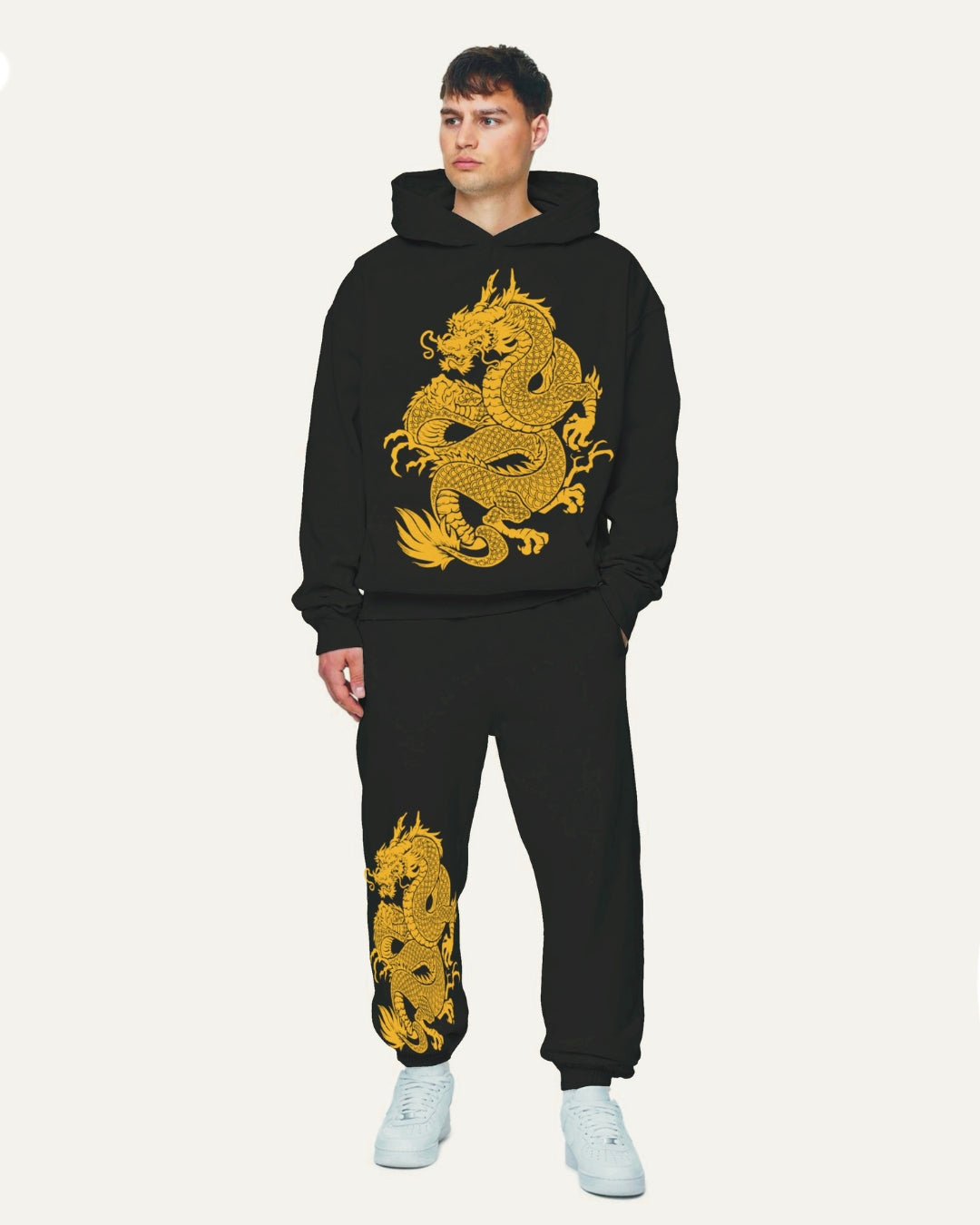 Men s Golden Dragon Oversized Hoodie Co ord Set Black and Black Vyve