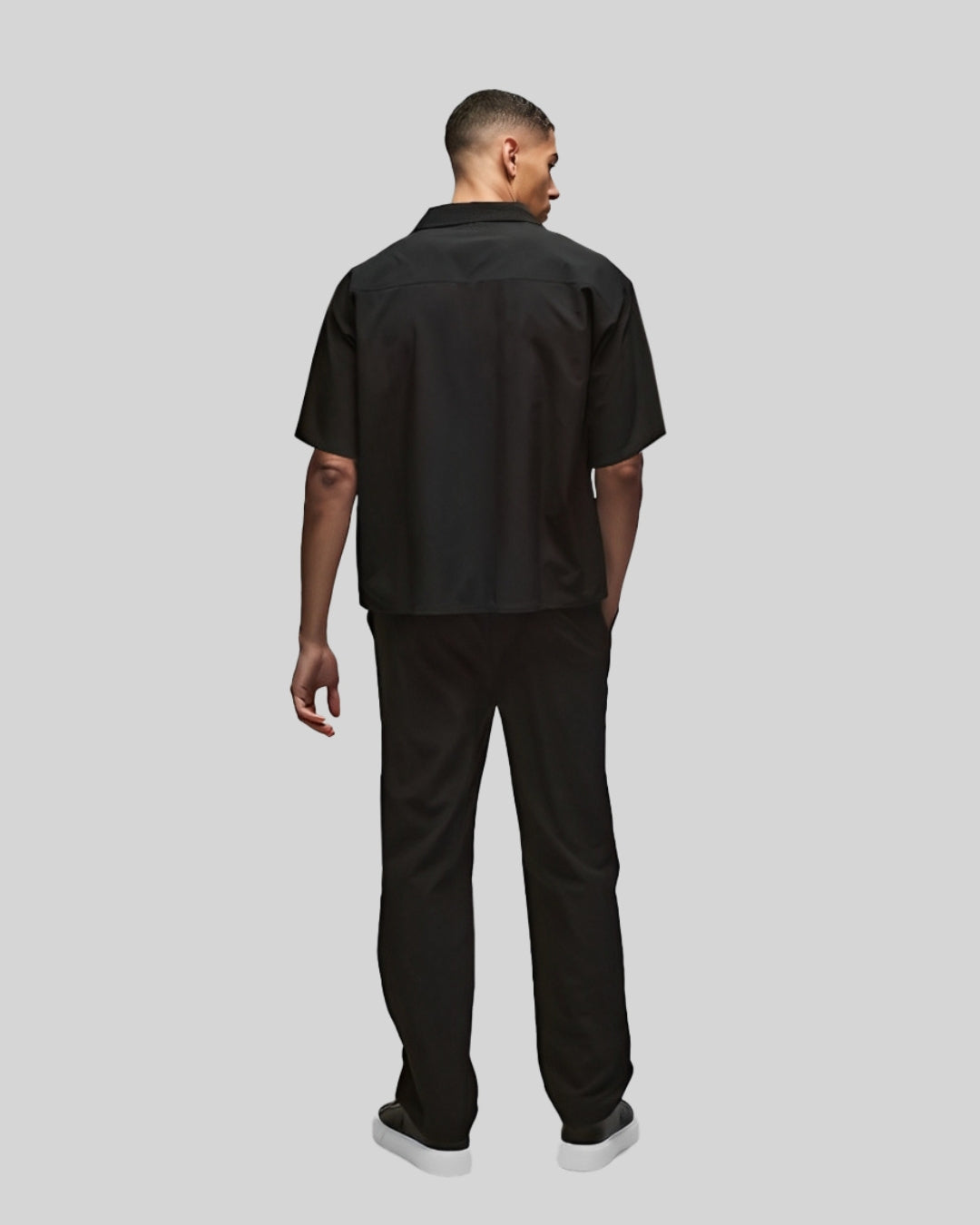 HALF SLEEVE SOLID OVERSIZED KNITTED SHIRT CORD SET - BLACK AND BLACK