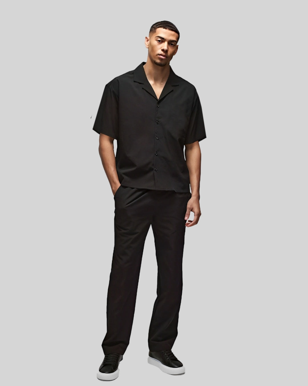 HALF SLEEVE SOLID OVERSIZED KNITTED SHIRT CORD SET - BLACK AND BLACK