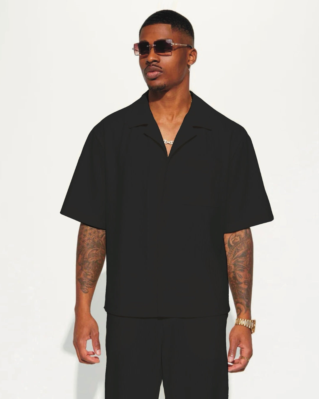 HALF SLEEVE SOLID OVERSIZED KNITTED SHIRT CORD SET - BLACK AND BLACK