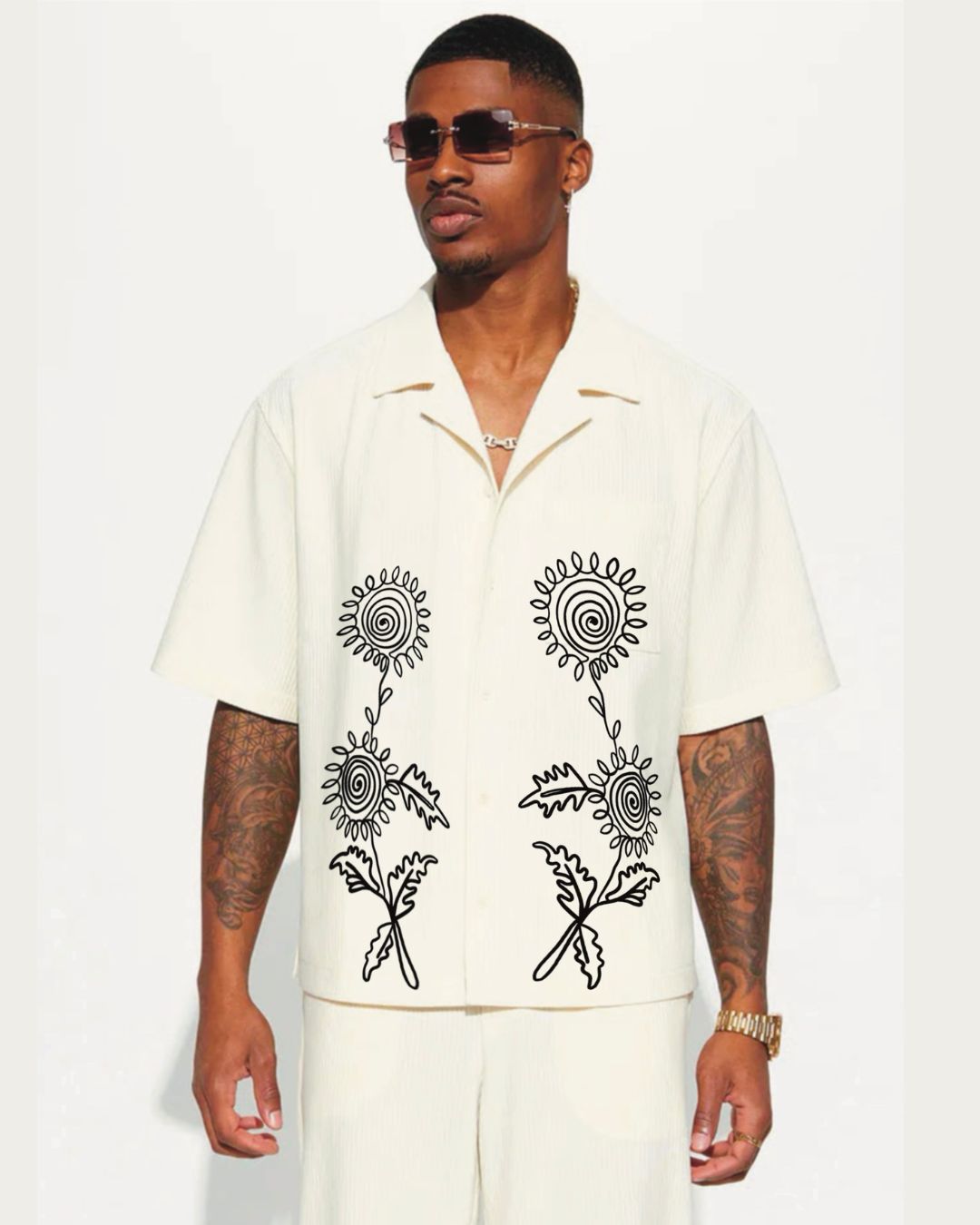 Doddle Floral Half Shirt Cordset (White and White)