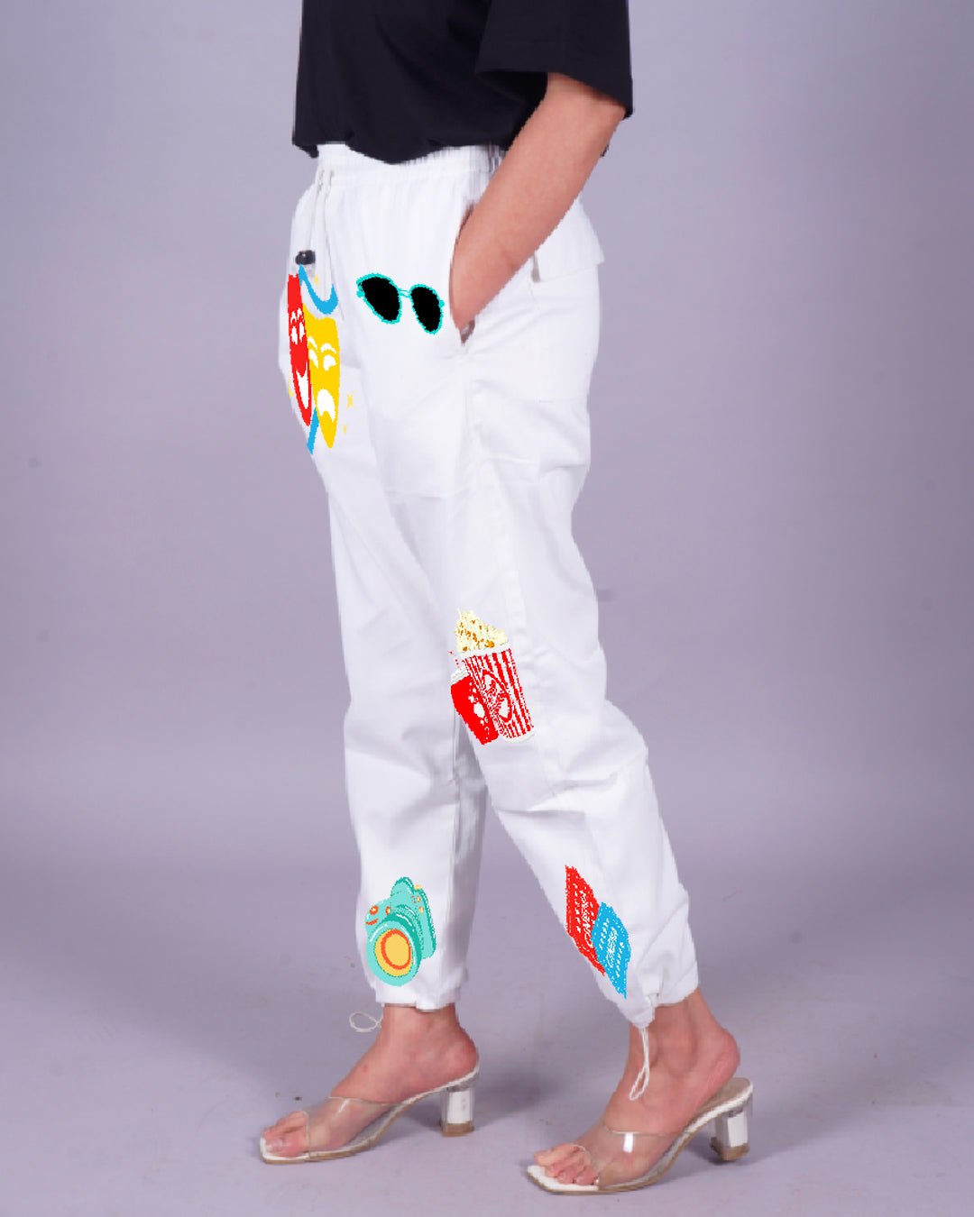 Female White Adjustable Cargo Pants - Popcorn Delight