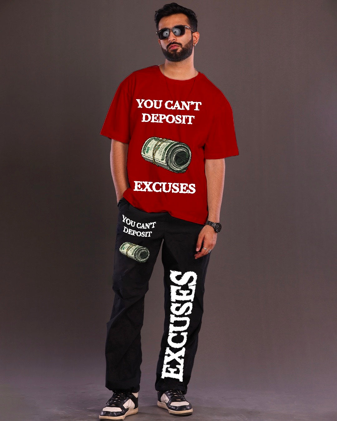 Men's Excuses Oversized Co-ord Set in Red and Black(*)