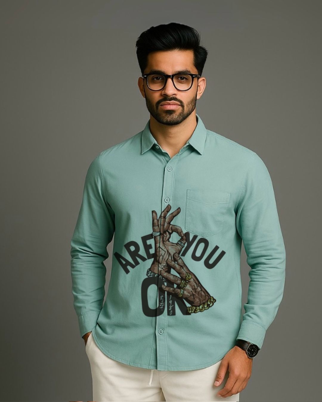 MEN'S ARE YOU OK FULL SLEEVE GREEN SHIRT