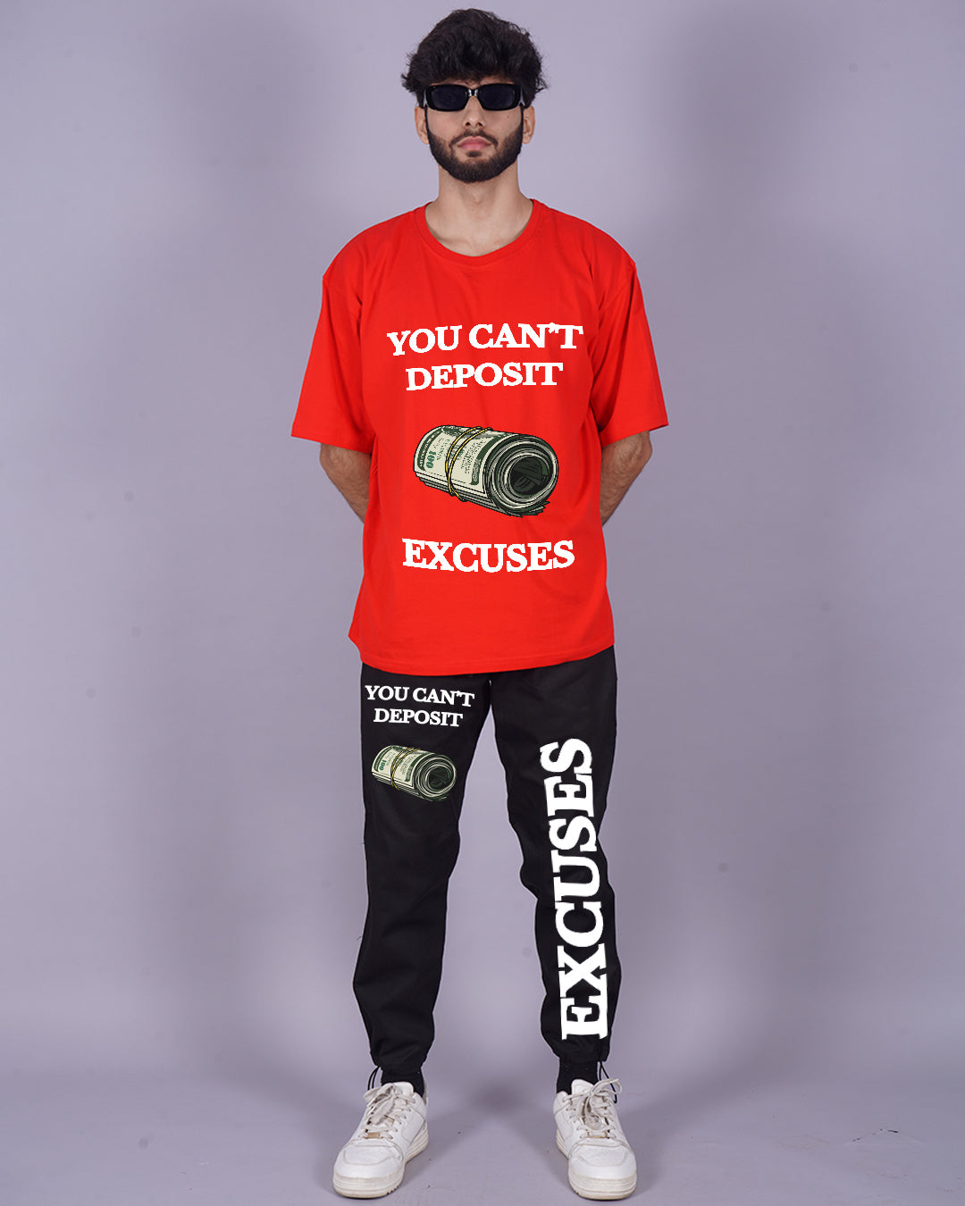 Men's Excuses Oversized Co-ord Set in Red and Black(*)