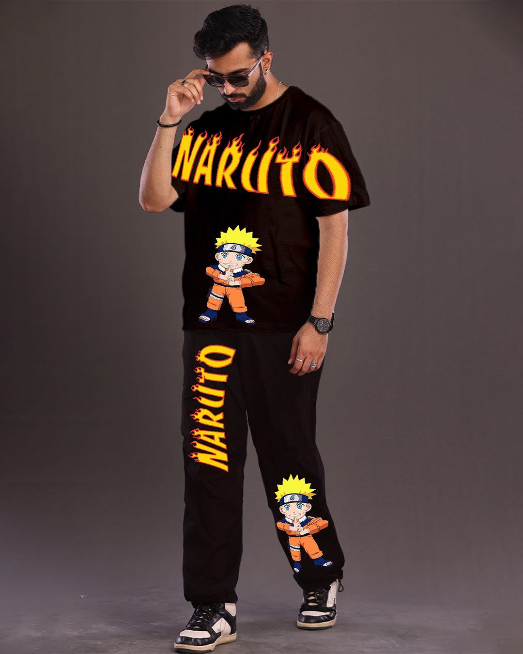 Men's Naruto Fire Oversized Co-Ord Set - Black and Black