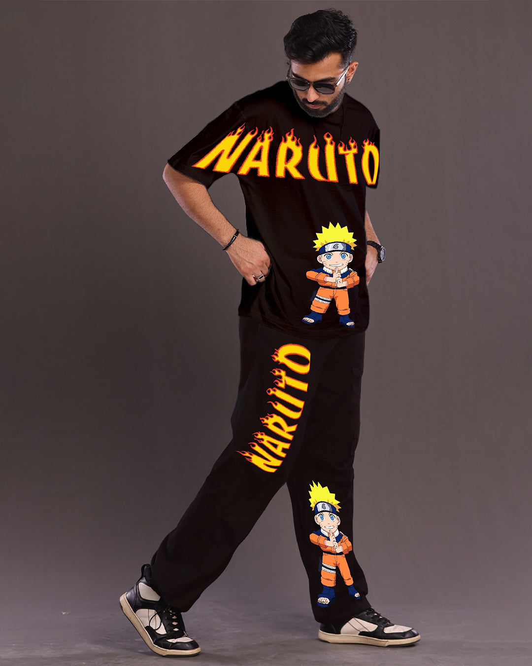 Men's Naruto Fire Oversized Co-Ord Set - Black and Black