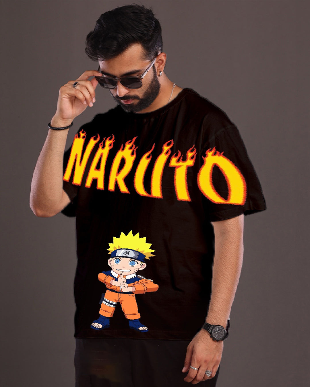 Men's Black Oversized T-Shirt - Naruto Fire