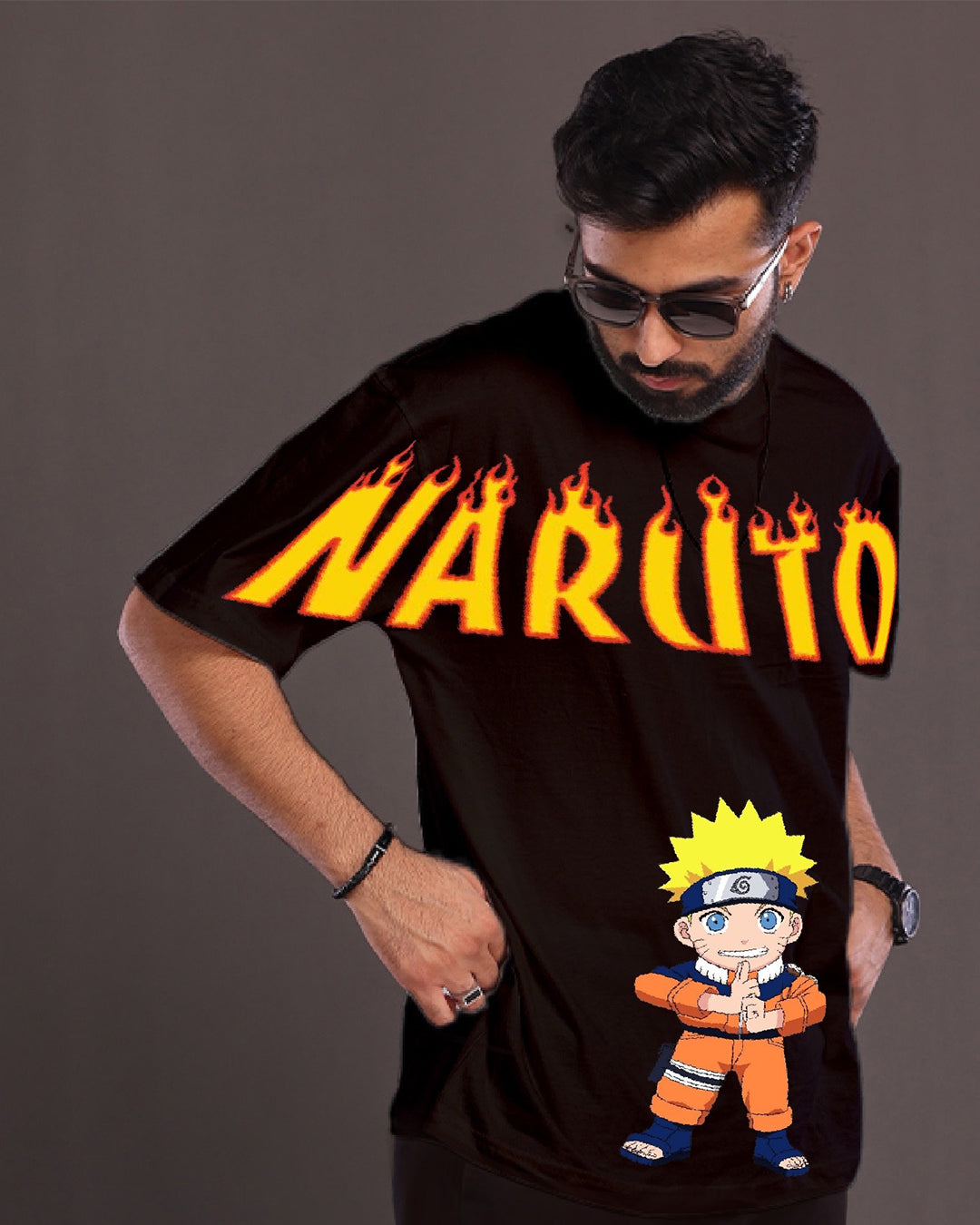 Men's Black Oversized T-Shirt - Naruto Fire