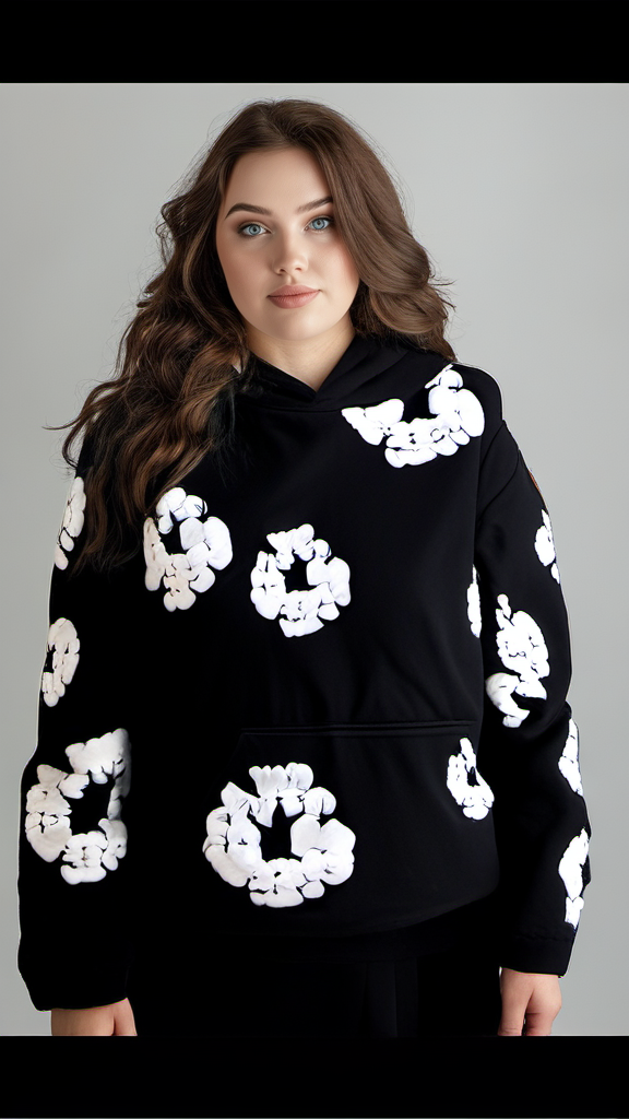 WOMEN FLOWER WORLD HOODIE OVERSIZED CO-ORD SET - BLACK AND BLACK