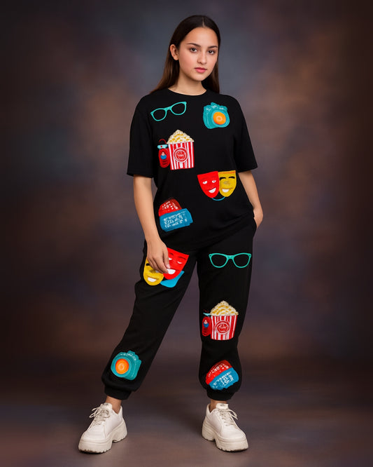 Women Popcorn Oversized Co-Ord Set - Black and Black