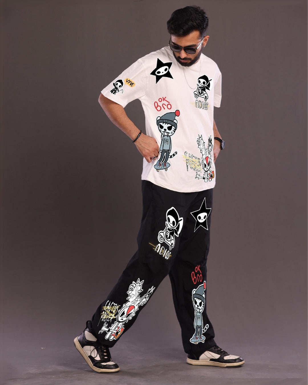 Classic Combo: Men's Co Ord Oversized Set in White and Black with OK Bro