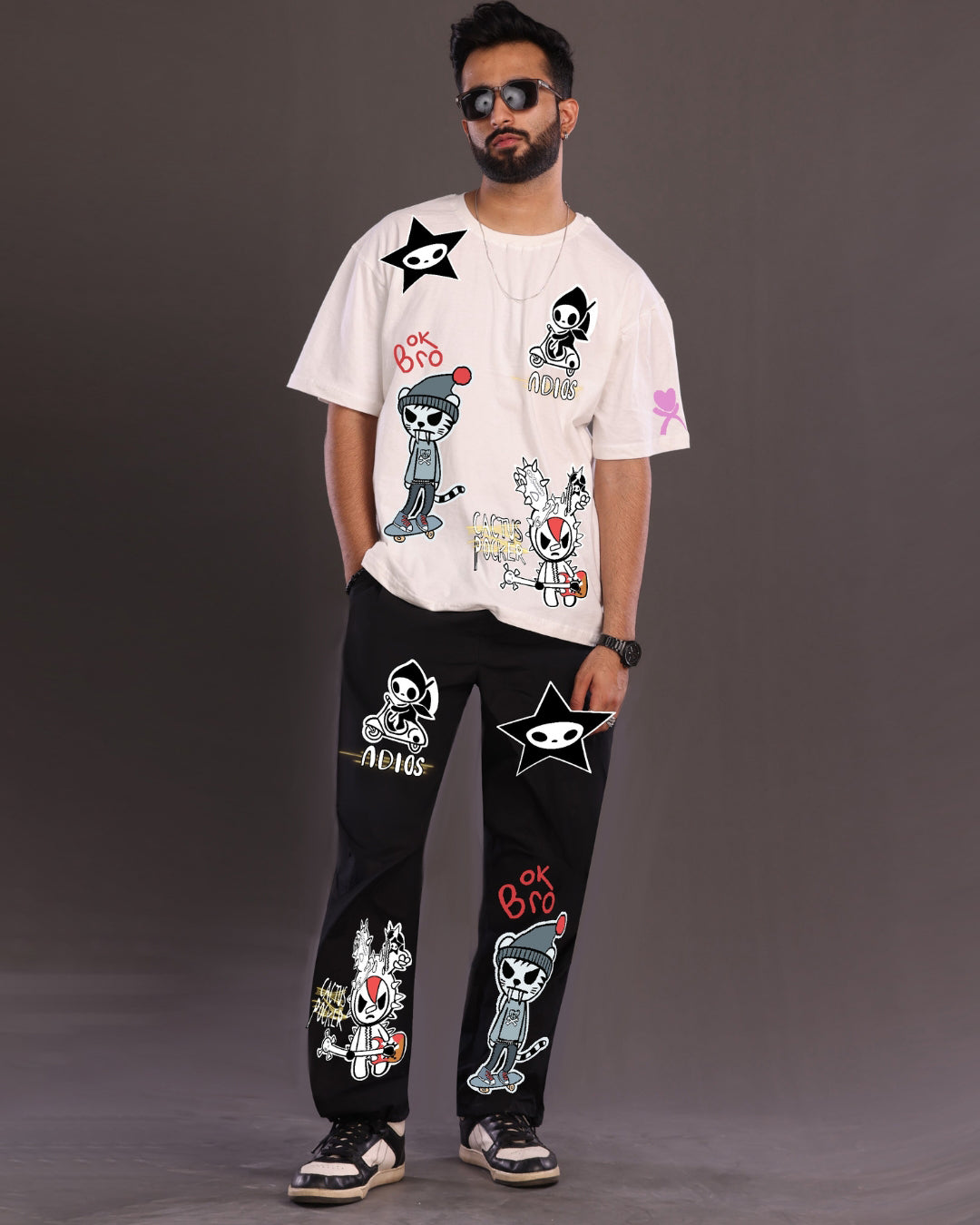 Classic Combo: Men's Co Ord Oversized Set in White and Black with OK Bro