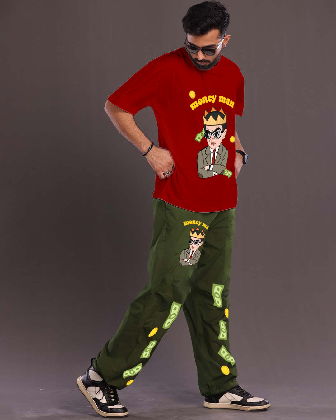 Men's Red and Olive Coords Oversized Set with Money Man Theme