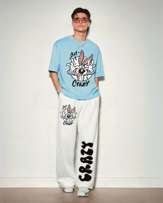 MEN'S STAY CRAZY OVERSIZED  COORD SET - BLUE AND WHITE (*)