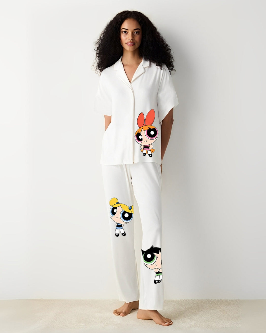 POWERPUFF HALF SLEEVE OVERSIZED KNITTED SHIRT CORD SET - WHITE AND WHITE