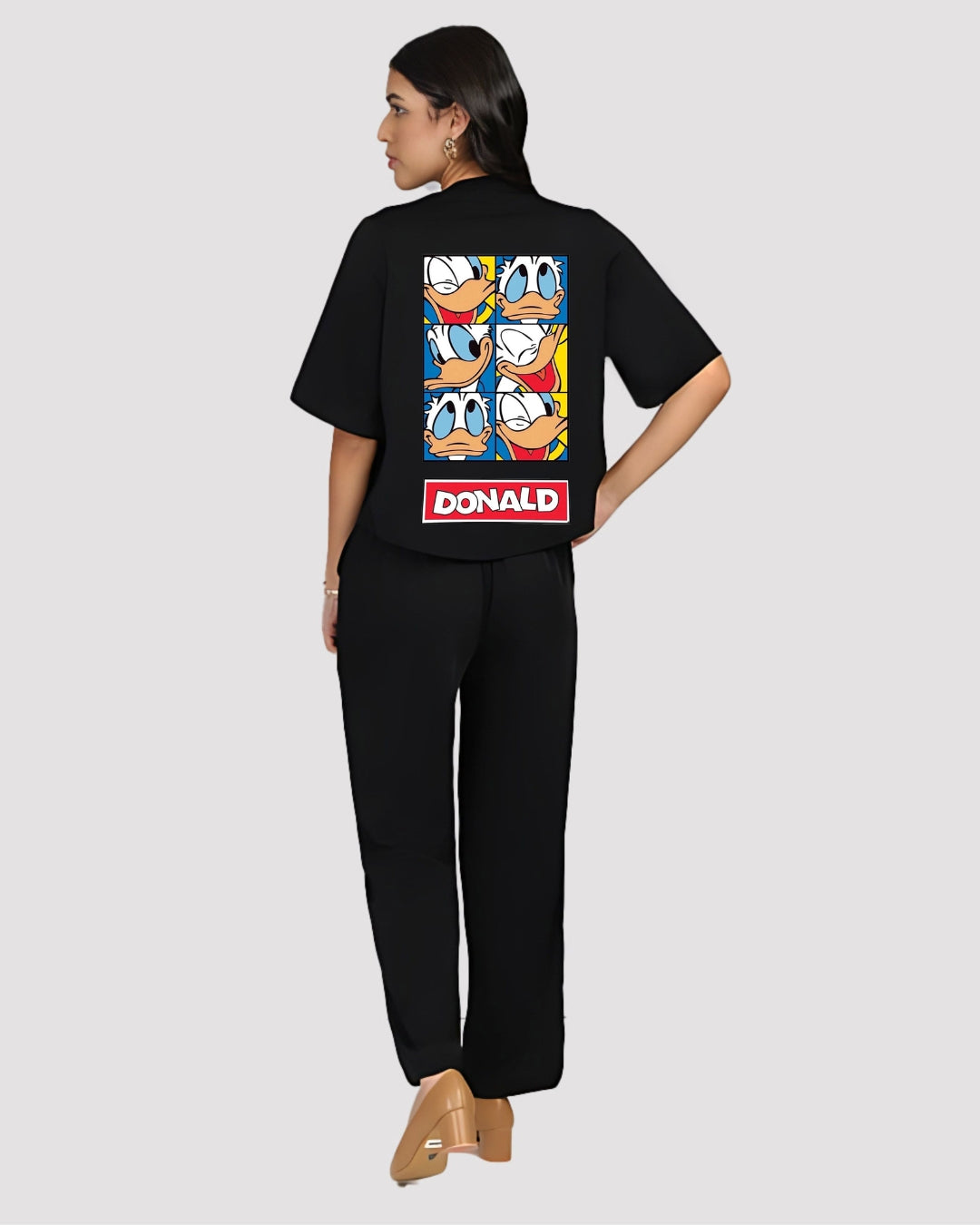 DONALD WOMEN HALF SLEEVE OVERSIZED KNITTED SHIRT CORD SET - BLACK AND BLACK