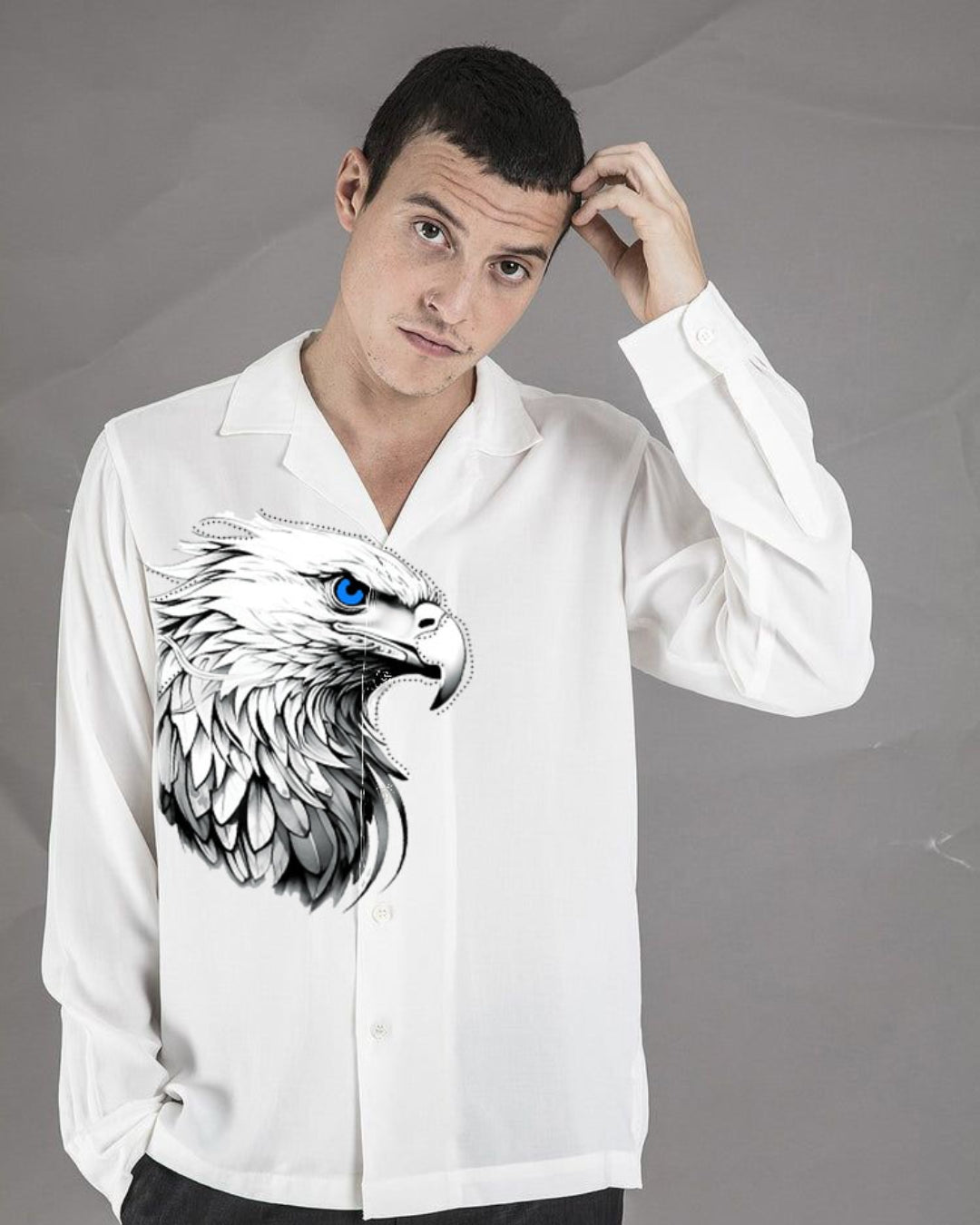 EAGLE THEME FULL SLEEVE WHITE OVERSIZED KNITTED SHIRT(*)