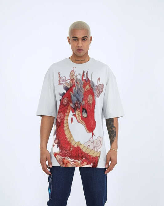 RED DREAMY DRAGON UNISEX EXCLUSIVE OVERSIZED TEE - WHITE
