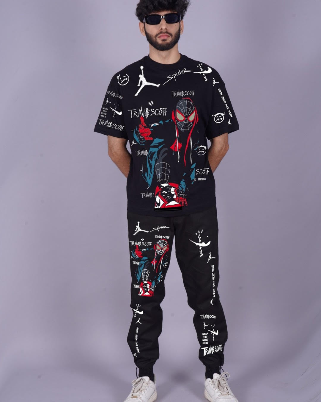Web Warrior: Black Oversized Men's Co Ord Set(*)