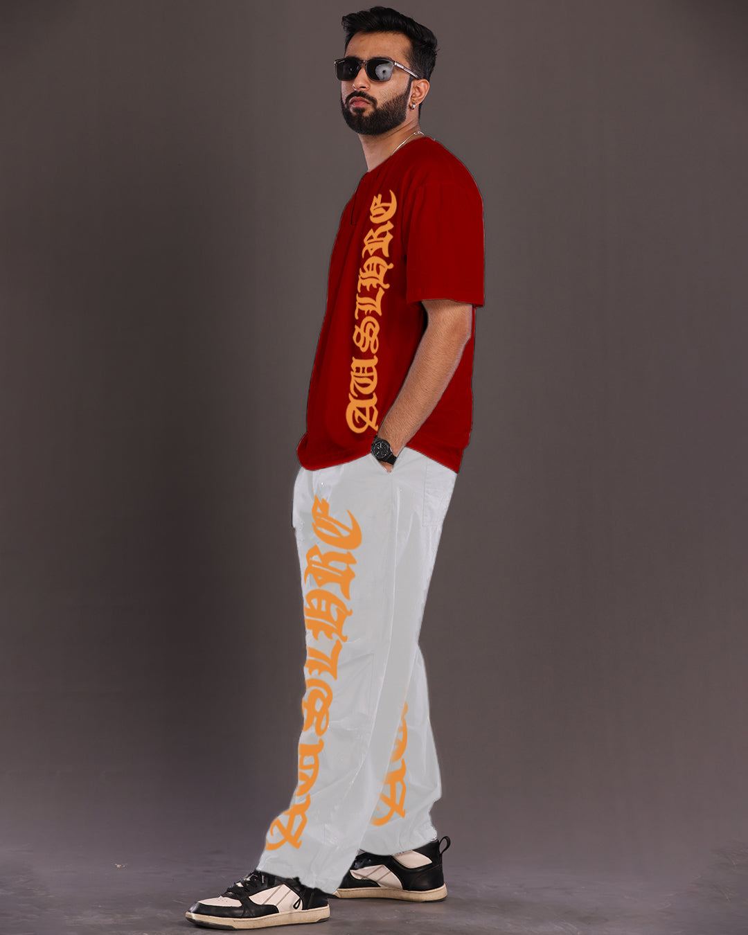 Men's Red and White Coords Oversized Set with Letterman Design(*)