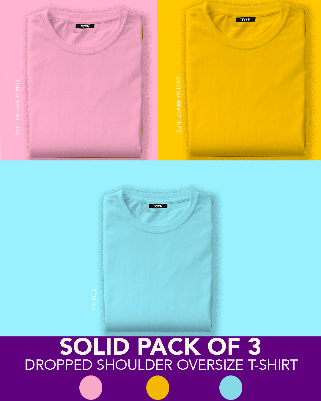 Solids Pack of 3: Urban Oversized T Shirts - Pink, Blue, Yellow