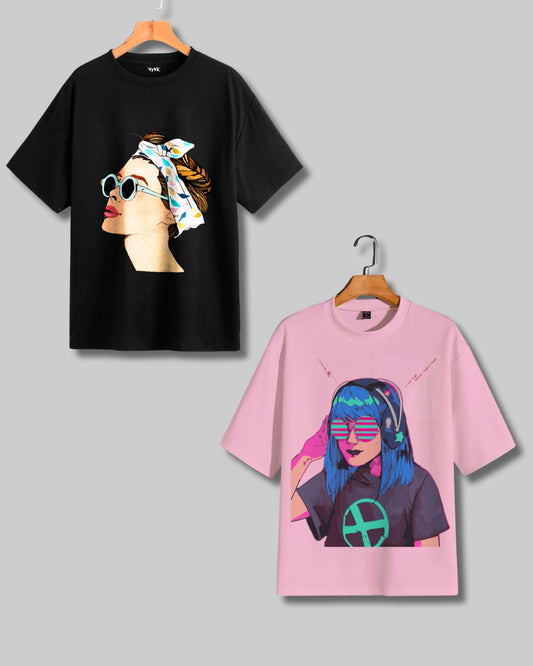 Pack of 2 Women's Oversized Tees - Goggy Black & Lo-fi Girl