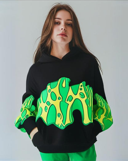 Unisex Black Oversized Hoodie - Green Fire Edition