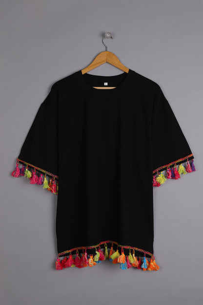 Chic & Comfortable: Women's Oversized Tassel T-Shirt in Black!